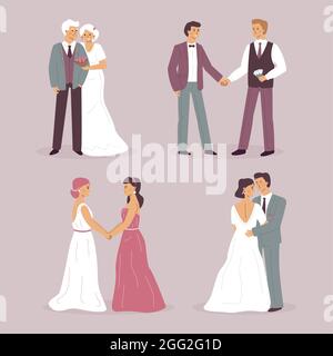 Verschiedene Hochzeitspaare Illustration Set Vektor Illustration. Stock Vektor