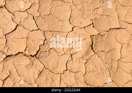 Trockener See im Prozess der Trockenheit und Mangel an Regen oder Feuchtigkeit. Globale Naturkatastrophe. Der durch den Klimawandel gerissene Boden der Erde. Hydrolo Stockfoto