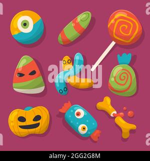 Handgezeichnete flache halloween Süßigkeiten Set Vektor-Illustration. Stock Vektor