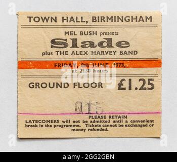 Ein Ticketstub aus den 1970er Jahren für „Slade“ im Birmingham Town Hall, England Stockfoto