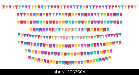 Satz von Fahnen und Girlanden isoliert. Karneval Girlande mit Wimpern. Dekorative bunte Party-Flaggen von Einladungen, Grußkarten, Geburtstag, Stock Vektor