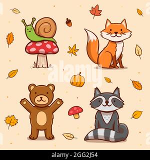 Handgezeichnete Herbsttiere Set Vektor-Illustration. Stock Vektor
