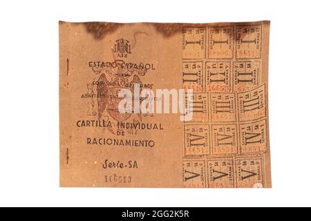 Salamanca, Spanien - 10. Oktober 2017: Spanische Ration Card mit Coupons gültig von 1939 bis 1952 während des spanischen Bürgerkrieges Stockfoto