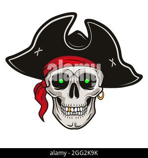 Piratenschädel-Emblem mit Hut, rotem Bandana, grün leuchtenden Augen. Vektor handgezeichnete Cartoon-Illustration isoliert auf weißem Hintergrund. Stock Vektor
