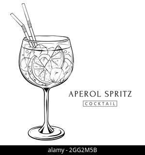 Aperol Spritz Cocktail, handgezogener Alkoholdrink mit Orangenscheibe und Eis. Vektorgrafik. Stock Vektor