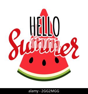 Hallo Sommer, handgeschriebener Vektor Iettering mit roter saftiger Wassermelone Scheibe. Stock Vektor