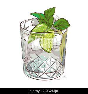 Mojito-Cocktail, handgezeichneter Cocktail mit Eis, Minze und Limette. Vektorgrafik. Stock Vektor