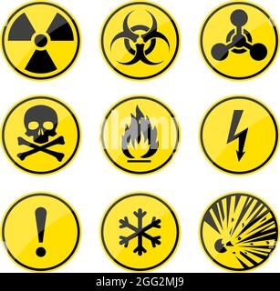 Warnschilder gesetzt. Runde Gefahrensymbole. Strahlungszeichen. Biohazard-Schild. Giftiges Zeichen. Nukleares Symbol. Symbol „entzündlich“. Warnschilder. Stock Vektor