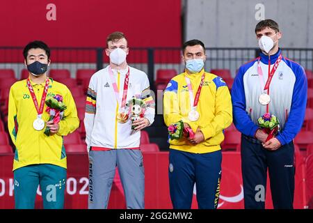 Der Australier Lin Ma, der belgische Tischtennisspieler Laurens Devos, der Ukrainer Ivan Mai und der Russe Iurii Nozdrunov auf dem Podium während der Medaille c Stockfoto