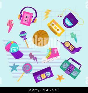 Handgezeichnete flache nostalgische 90s Element Set Vektor-Illustration. Stock Vektor