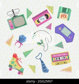 Handgezeichnete flache nostalgische 90s Element Set Vektor-Illustration. Stock Vektor