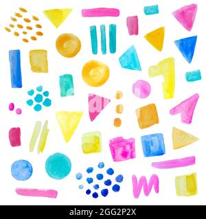 Aquarell abstrakte geometrische Formen in hellen Freude Süßigkeiten Farben auf weißem Hintergrund isoliert. Stockfoto
