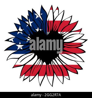 Herzförmige Sonnenblume in den Farben der amerikanischen Flagge, 4. Juli, Unabhängigkeitstag, Vektorgrafik isoliert auf weißem Hintergrund. Stock Vektor