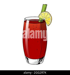 Bloody Mary Cocktail, handgezeichnetes alkoholisches Getränk mit Zitronenscheibe und Sellerie. Vektorgrafik. Stock Vektor