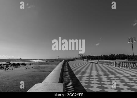 Die Mascagni Terrace ist einer der elegantesten und eindrucksvollsten Orte in Livorno und liegt direkt am Meer am Rande der Viale Italia. Stockfoto