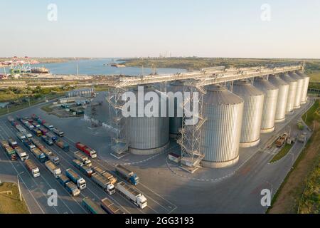 Getreideterminals des modernen Handelshafens. Silos zur Lagerung von Getreide in Strahlen der untergehenden Sonne. Viele LKWs warten in der Schlange auf das Entladen in po Stockfoto