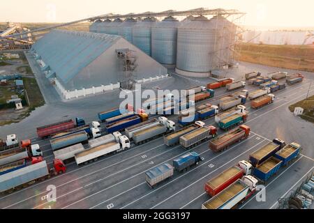 Getreideterminals des modernen Handelshafens. Silos zur Lagerung von Getreide in Strahlen der untergehenden Sonne. In Port h warten viele LKWs auf das Entladen Stockfoto