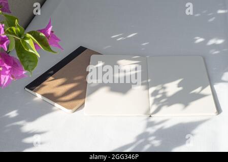 Moderne Sommer Schreibwaren Stillleben. Leeres Tagebuch, Notizblock-Mockup mit Bougainvillea-Zweig im Vordergrund im Sonnenlicht. Lange Schatten des Sonnenuntergangs o Stockfoto