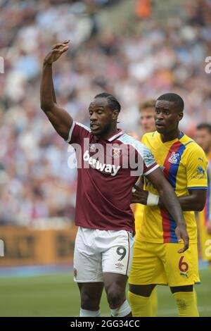 London, Großbritannien. August 2021. Michail Antonio von West Ham Utd beim Spiel West Ham gegen Crystal Palace Premier League im London Stadium Stratford. Quelle: MARTIN DALTON/Alamy Live News Stockfoto