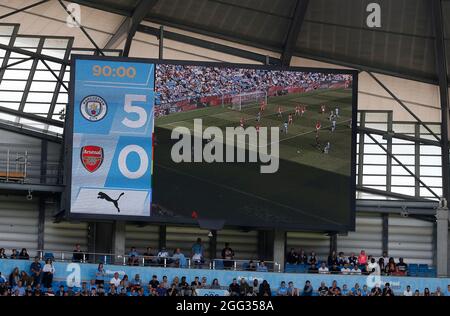 Manchester, England, 28. August 2021. Die Anzeigetafel während des Spiels der Premier League im Etihad Stadium in Manchester. Bildnachweis sollte lauten: Darren Staples / Sportimage Stockfoto