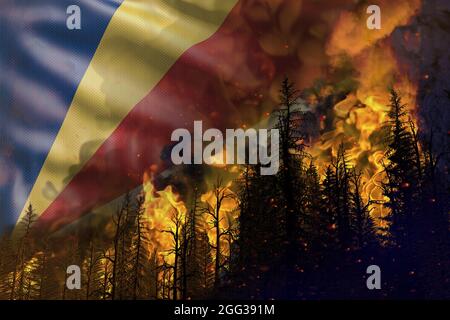 Waldbrandbekämpfungskonzept, Naturkatastrophe - schweres Feuer im Wald auf Seychellen Flagge Hintergrund - 3D-Darstellung der Natur Stockfoto