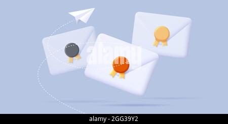 3d-Darstellung von Kuverten mit Stempel und Papierebene Stock Vektor