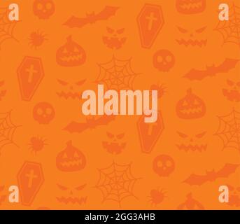 Nahtlos wiederholendes Muster mit Halloween-Symbolen. Design von Silhouetten für den Urlaub Halloween. Für Postkarte, Stoff, Banner, Vorlage, Verpackung Stock Vektor