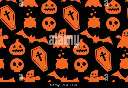 Nahtlos wiederholendes Muster mit Halloween-Symbolen. Design von Silhouetten für den Urlaub Halloween. Für Postkarte, Stoff, Banner, Vorlage, Verpackung Stock Vektor