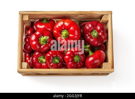 Rote Paprika ratunda gogoshar in einer Holzkiste isoliert auf weißem Hintergrund. Frische Paprika in einer Holzkiste. Gemüse für eine gesunde Ernährung Stockfoto