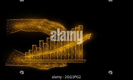 Polygonale Vektordarstellung einer Hand, die eine Tablette mit einem Hologramm eines Wachstumsgraphen mit einem Aufwärtspfeil hält, zeigt ein Geschäftsmann Umsatzwachstum, Flosse Stock Vektor