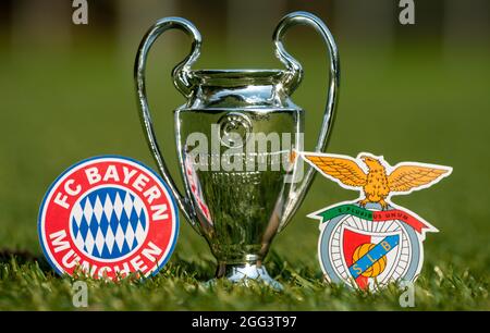 27. August 2021 München, Deutschland. Die Embleme der Fußballvereine FC Bayern München und S.L. Benfica und des UEFA Champions League Cup auf dem grünen Rasen o Stockfoto