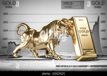 Goldener Barsch und Stier auf der Grafik. Bullenmarkttrend bei Gold. 3d-Illustration Stockfoto