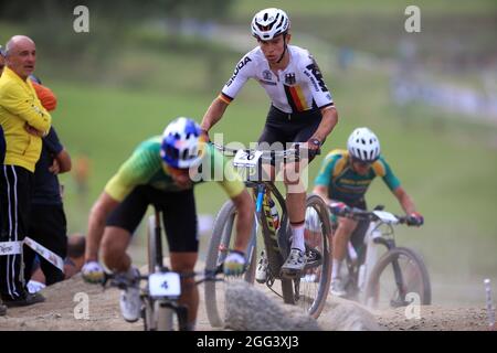 Commezzadura, Trentino, Italien. August 2021. 2021 Mountainbike-Rad-Weltmeisterschaften, Val di Sole; Elite Olympic für Herren, Maximilian Brandl (GER) Credit: Action Plus Sports/Alamy Live News Stockfoto