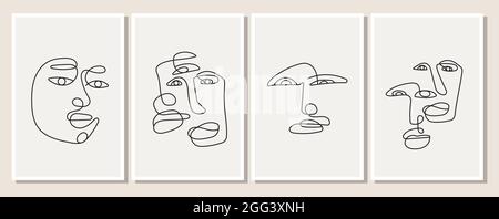 Ein Poster mit einem einzeiligen Mann in minimalistischem, elegantem Stil. Abstraktes Gesicht von Frau und Mann. Set von Silhouette von Personen. Vektorgrafik Stock Vektor