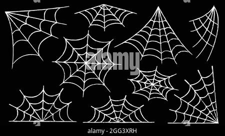 Spinnennetz-Set. Halloween Deko mit Spinnen. Ein gruseliges Spinnennetz an einem verlassenen Ort. Kontur und Linie isolierte Vektordarstellung. Stock Vektor