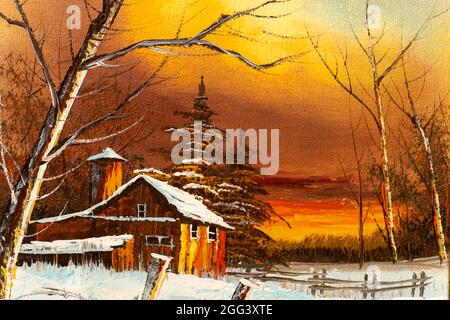 Fragment von Ölgemälde eines alten Scheunenhauses bei Sonnenuntergang Winterlandschaft. Weihnachtsfeiertagskonzept. Stockfoto