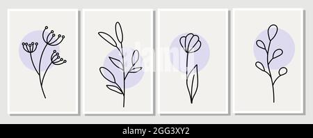 Abstrakte Elemente, minimalistisch einfache florale Elemente. Blätter und Blumen. Sammlung von Kunstplakaten in Pastellfarben. Design für soziale Netzwerke Stock Vektor