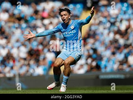 Manchester, England, 28. August 2021. Jack Grealish von Manchester City reagiert während des Spiels der Premier League im Etihad Stadium in Manchester. Bildnachweis sollte lauten: Darren Staples / Sportimage Stockfoto