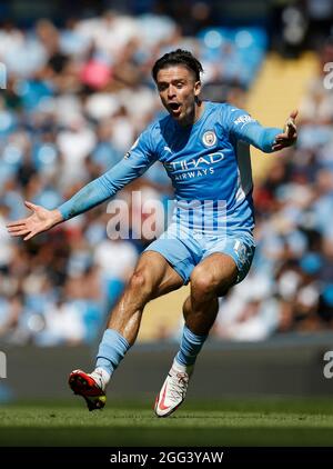 Manchester, England, 28. August 2021. Jack Grealish von Manchester City reagiert während des Spiels der Premier League im Etihad Stadium in Manchester. Bildnachweis sollte lauten: Darren Staples / Sportimage Stockfoto