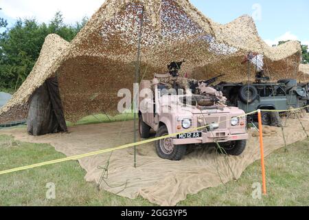 Tanks, Trucks and Firepower Show, Rugby, August 2021 - Land Rover Defender lackiert in SAS Pink - Pink Panther. Stockfoto