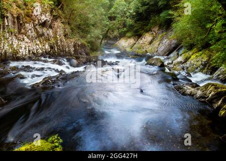 Swallow Falls Waterfall (Rhaeadr Ewynnol), Betws-y-Coed, Snowdonia National Park, Wales, Großbritannien Stockfoto