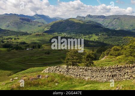 Ein entfernter Blick auf die Langdale Pikes von Black fiel westlich von Windermere Stockfoto