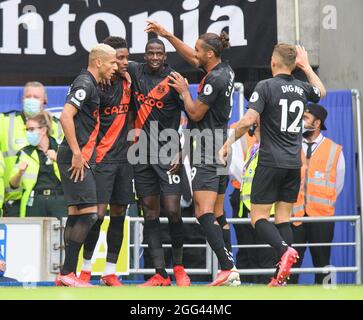 28. August 2021 - Brighton & Hove Albion gegen Everton - Premier League Demarai Grey von Everton feiert sein Tor während des Premier League-Spiels im Amex Stadium, Brighton. Stockfoto