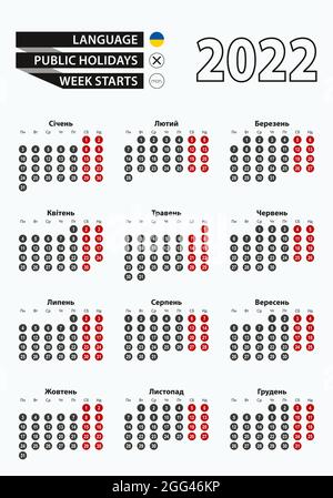 Vektorvorlage Kalender 2022 mit Zahl in Kreisen, einfacher ukrainischer Kalender für das Jahr 2022. Vektorgrafik. Stock Vektor