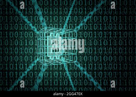 Bitcoin-Zeichen in Ketten eingeschlossen. Blockchain-Konzept. 3d-Illustration. Stockfoto