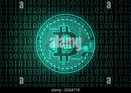 Grüner Bitcoin auf Binärcode. 3d-Illustration. Stockfoto