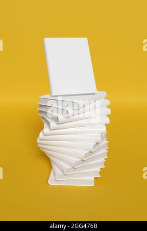 Leere Bücher decken ein auf gelbem Hintergrund isoliertes Modell ab. 3d-Illustration. Stockfoto