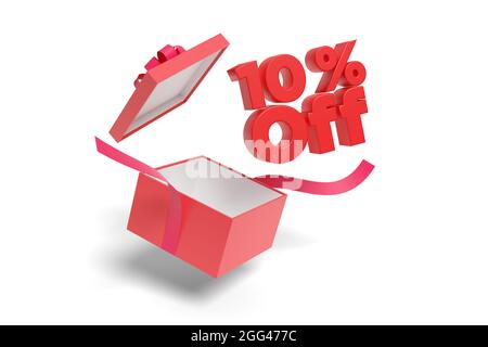 10 % Rabatt auf Text aus einer Geschenkbox, isoliert auf weißem Hintergrund. 3d-Illustration. Stockfoto