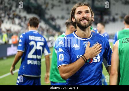 Turin, Italien. August 2021. Leonardo Mancuso vom FC Empoli feiert am 28. August 2021 im Allianz Stadium in Turin, Italien, das Spiel der Serie A zwischen Juventus FC und Empoli FC. Quelle: Marco Canoniero/Alamy Live News Stockfoto