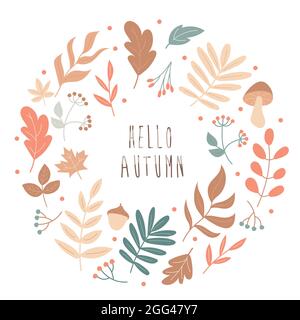 Herbstlaub, runder Rahmen. Kranz aus Herbstblättern. Vektorgrafik. Herbstkarte - Hallo Herbst. Waldelemente, runde Form Stock Vektor